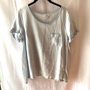 J.JILL denim oasis washed cuffed SS top tencel linen  pocket. SZ M. NWOT